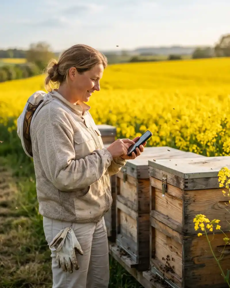 Imkerin mit Smartphone am Rapsfeld
